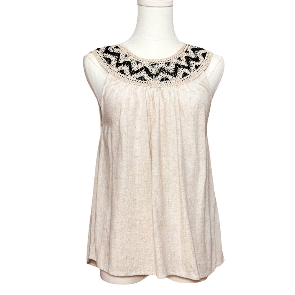 Hazel Linen Tank Crochet CollarOatmeal Off White Black Large Boho